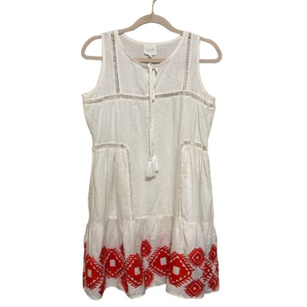 Anthropologie TRYB 100% Linen Dress White XS Embroidered Boho Coastal Resort